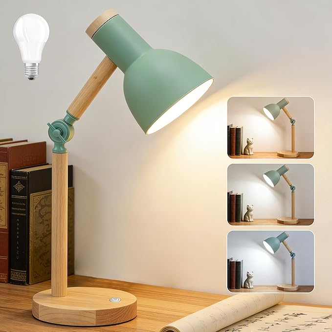 Desk Lamp, LED Desk Lamps for Home Office, Eye-Caring Desk Light, 3 Color Modes Reading Light, Wood Table Lamps with Flexible Arm, Study Lamp for Bedside College Dorm Room Essentials (Green Lamp)