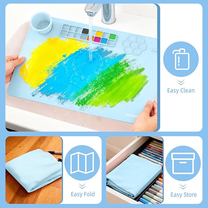 Silicone Painting Mat, 23.6 x 15.8in Art Mat with 3 Brushes, Painting Station Mats with Cup and Palette, Craft Mats to Protect Table for Kid, Clay Sheet for Watercolor, Resin DIY (Blue)