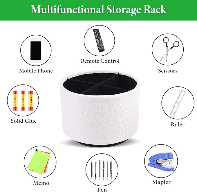 Round Leather Art Supply Organizer,Remote Control Holder,360 Degree Spinning,Multi-Functional Pencil Holder,4 Compartments Desktop Stationary Organizer(1-Lichee White)