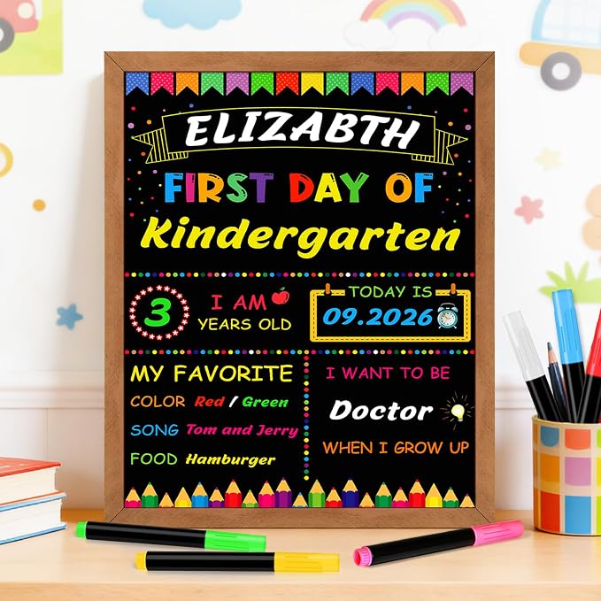 First & Last Day of School Signs with 6 Colorful Markers, 11 x 14 Inch Double Sided Back to School Board for Kids, Girls, Boys, Reusable Wooden 1st Day Chalkboard Sign of Preschool/Kindergarten
