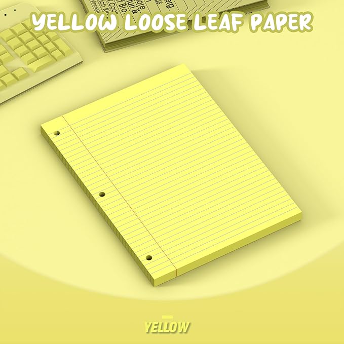 Yellow Loose Leaf Paper 8 x 10.5, 120 Sheets Lined Paper College Ruled Paper, 3 Hole Punched Notebook Paper College Ruled, 3 Ring Binder Paper 8 x 10.5, Filler Paper College Ruled for Office, School