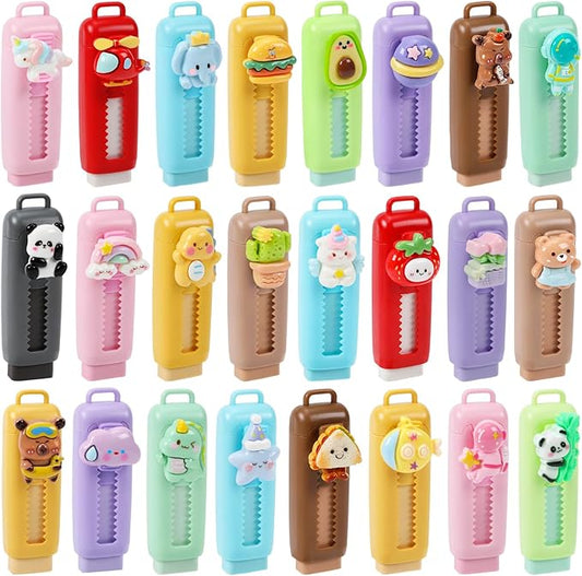 24 Pack Cute Retractable Pencil Erasers for Kids Bulk Kawaii Cartoon Fun Erasers for Teacher Class Rewards Favor School Supplies Home Office Party Gift Filling