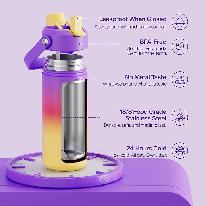 ENCOOL Insulated Water Bottle with Straw Stainless Steel Water Bottle, Leak-Proof, BPA-Free, Double Wall Vacuum Keeps Cold for 24 Hours for Sports, Travel, School (18 oz, Peach Dream)