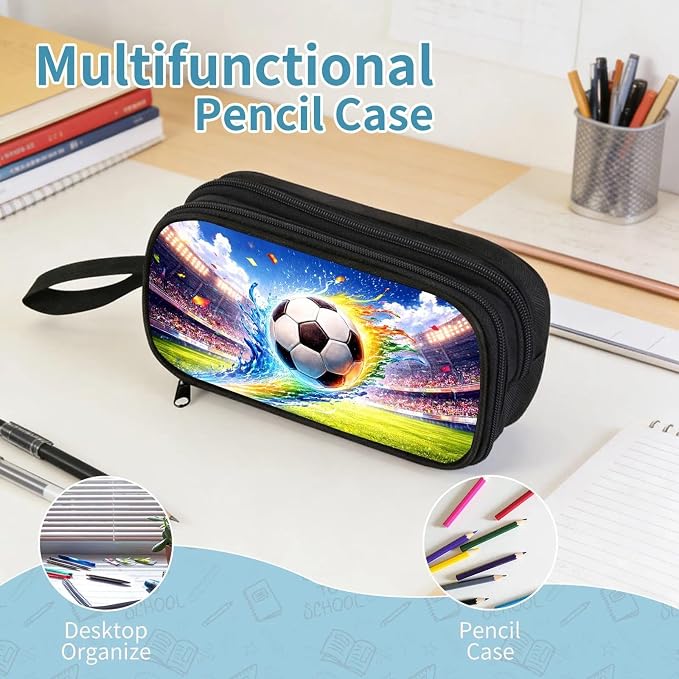 Firmiso Kids Pencil Case, Soccer Stadium Splash Graphic, Large Capacity Double Zipper Pencil Pouch with Compartments, Durable Polyester School Supplies Organizer, Pen Bag for Boys Girls Students