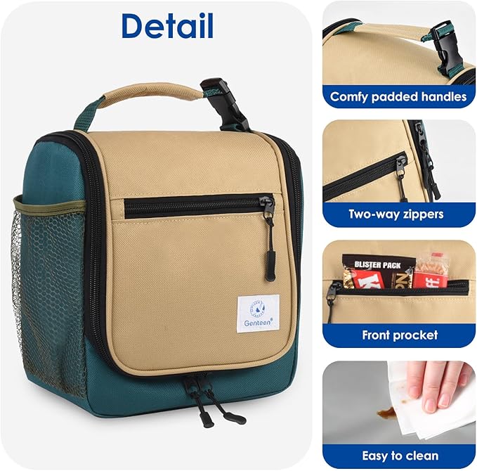 Genteen Kids Lunch Box, Insulated Lunch Bag for Kids, Toddler, Girl, and Boy; Holds Lunch Box, Water Bottle, & Snacks; Easy-Clean Water-Resistant Fabric & Multiple Zippered Pockets (Green Kakii)