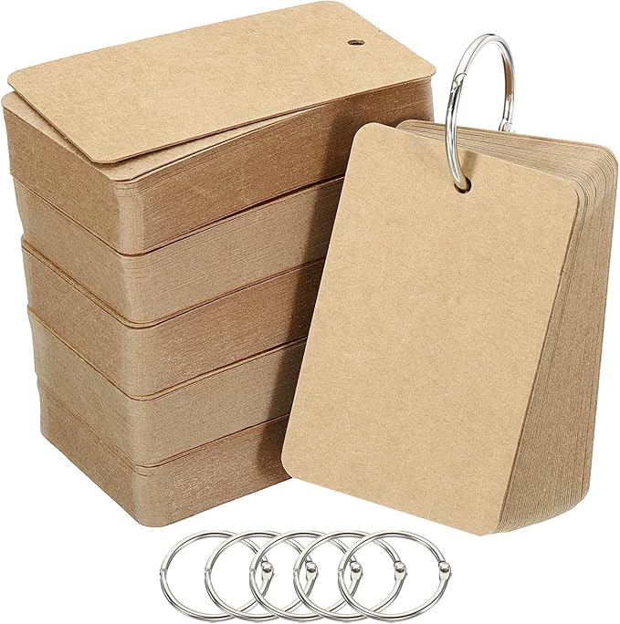 PATIKIL Blank Index Cards with Ring, 300Pcs Blank Flash Card 3.5" x 2" Note Card Study Card for Memory Learning Studying Office Supplies, Brown