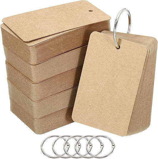 PATIKIL Blank Index Cards with Ring, 300Pcs Blank Flash Card 3.5" x 2" Note Card Study Card for Memory Learning Studying Office Supplies, Brown