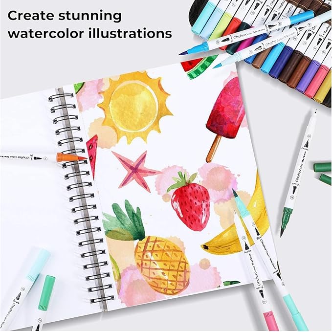 Ohuhu Markers for Adult Coloring Books No Bleeding 100 Colors Water-based Dual Tips Fineliner & Brush Coloring Markers for Kids Adults Beginners Drawing Pens for Journaling Lettering - Maui - White