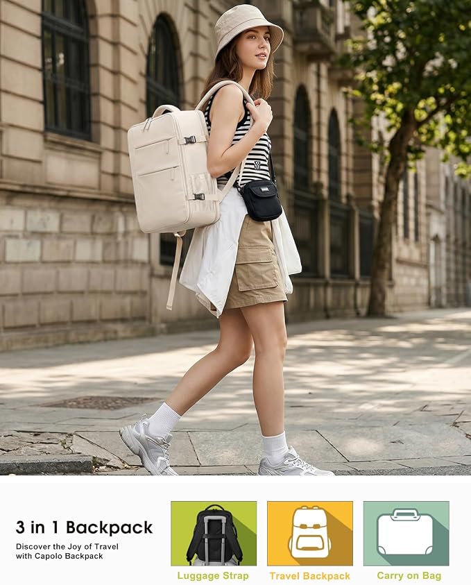 Capolo Travel Backpack for Women Men Waterproof Laptop Backpack Airlines Approved Carry On Backpack Bag Computer Bookbag for Business, Work, Traveling Fits 15.6 Inch Laptop(Beige)