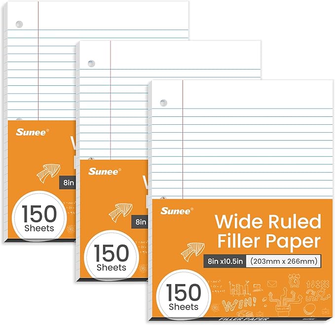 SUNEE Loose Leaf Paper, 450 Sheets, 3 Pack Wide Ruled Paper, 8 x 10-1/2 Inch Filler Paper, 3 Hole Punch Binder Paper, Loose Leaf Notebook Paper, 150 Sheets/Pack