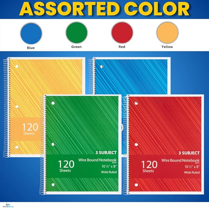 1InTheOffice Spiral Notebook College Ruled 11 x 8, 3-Subject College Ruled Notebooks, Wirebound Spiral Notebooks, 120 Sheets, Assorted Colors, 4 Pack