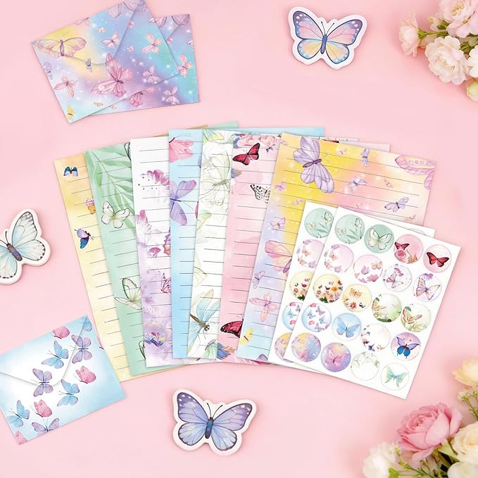 160 Pcs Stationery Paper Envelopes Set Includes 50 Lined Writing Paper & 50 Envelopes with 60 Round Dot Stickers, Cute Vintage Butterfly Letter Writing Stationery Paper Envelopes Gift(10Style)