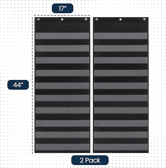 Essex Wares - 2 Pack, 17" Wide x 44" Tall Pocket Chart, Black - Sturdy Pocket Chart for Classroom for Sentence Strips - Easy to Use & Hang, Reusable Black Pocket Chart