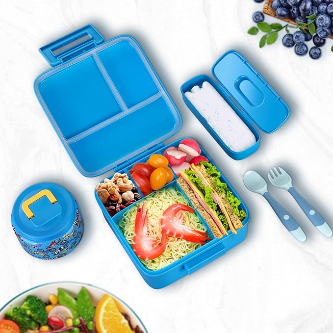 JXXM Bento Lunch Box for Kids With 8oz Soup thermo,Leak-proof Lunch Containers with 5 Compartment,thermo Food Jar and Lunch Bag, Food Containers for School (A-Blue(Extreme Locomotive))