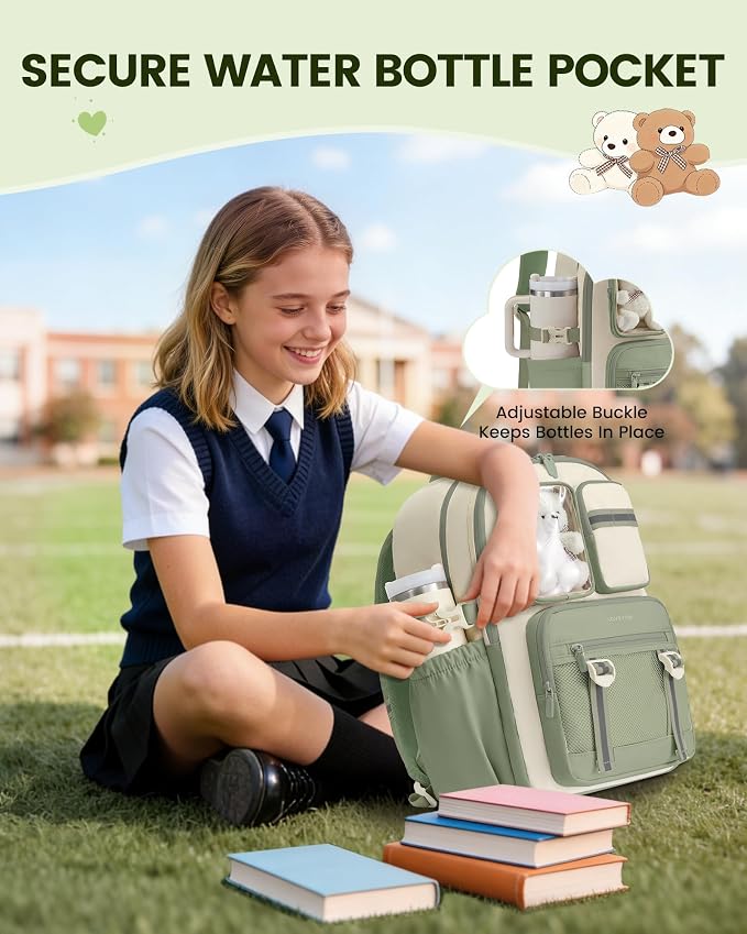LOVEVOOK Cute School Backpack for Girls Ages 8-14, Bookbag with Plush Bear & Clear Display Pocket, Fits 15.6 Inch Laptop & 40oz Tumbler, Back to School Backpack for Elementary & Middle School