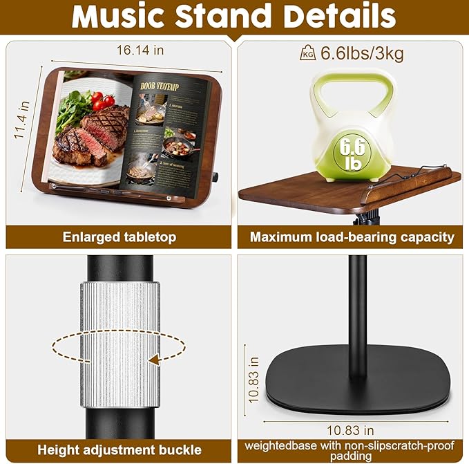 2 in 1 Dual-use Music Stand & Desktop Book Stand, Adjustable Height 16.5"-51", 100% Solid Wood Laptop Floor Stand Book Holder with Elastic Page Clips for Cookbooks, Sheet Music (Black Walnut)