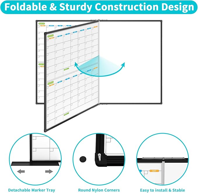 JILoffice Magnetic Foldable Dry Erase Calendar Whiteboard, 2 Month Calendar Board & White Board 72 X 40 Inch, Black Aluminum Frame Wall Mounted Board for Office Home and School