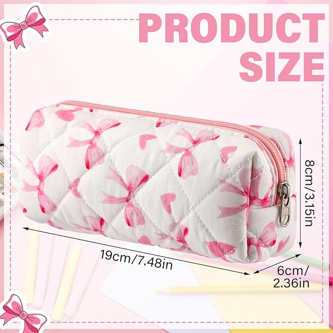 Sherr Coquette Bow Pencil Case Pink Bow Cute Pencil Pouch Soft Cotton Storage Bag Aesthetic Pattern Gift Makeup Pouch Cosmetic Travel Bag for Women