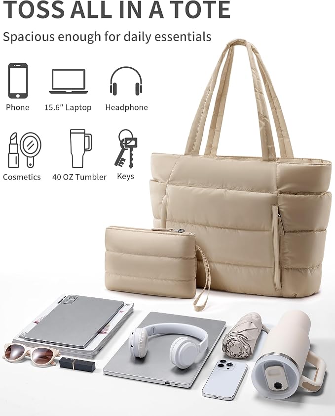 Bagstellar Puffer Tote Bag for Women, Lightweight Puffy Work Handbag Teacher Nurse Quilted Shoulder Bag for School Travel Gym | Cloud Bag w/ Zipper