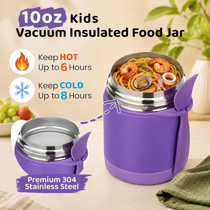 Pawtong10oz Soup Thermo for Hot Food Kids Insulated Food Jar,Thermo Hot Food Lunch Container, Width Mouth Stainless Steel Lunch Box for Kids with Spoon (Purple)