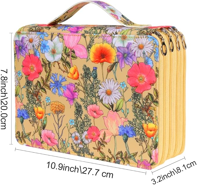 Vomgomfom 200 Slots Pencil Bag, 4-Layer Zipper Portable Art Supply Organizer, PU Leather Large Capacity Colored Pencil Case with Handle for 200 Watercolor Pens, Gel Pens (Yellow Flower)