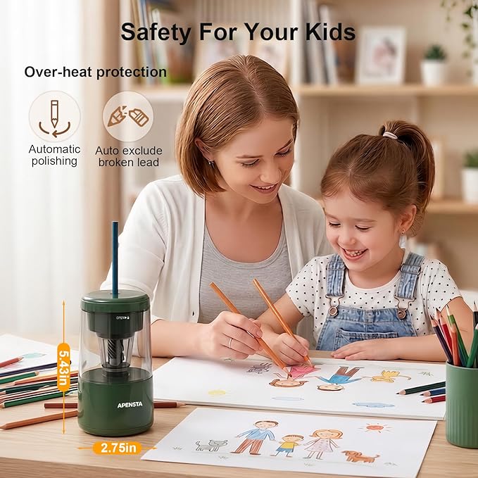 Electric Pencil Sharpener with Adjustable Tip Thickness, Auto Stop, Type-C Rechargeable, for Wooden, Colored Pencils (7–8mm), Portable Design for Home, Office & School, Green