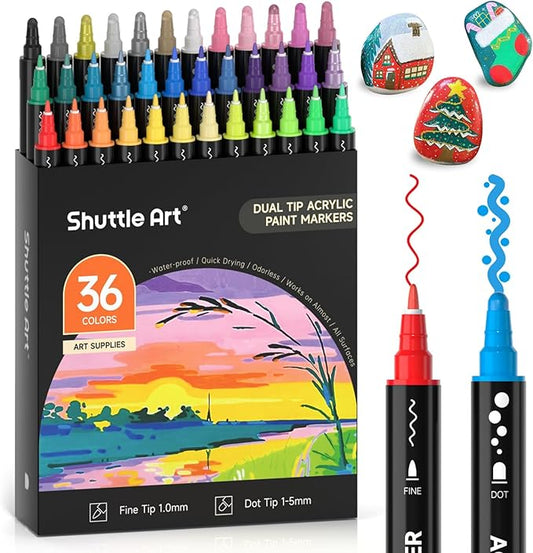 Shuttle Art 36 Colors Dual Tip Acrylic Paint Markers, Dot Tip and Fine Tip Acrylic Paint Pens for Rock, Ceramic, Wood, Canvas, Plastic, Glass, Stone, Calligraphy, Card Making, DIY Crafts