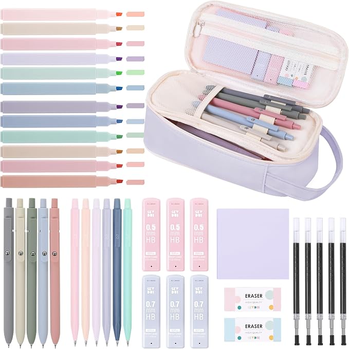 SKYDUE Cute School Supplies Kit, 38 PCS Aesthetic Stationery Set with Large Pencil Case, Pens, Mechanical Pencils, Highlighters & Sticky Notes for School, College Purple