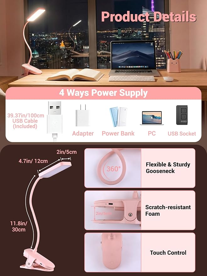 Pink Desk Lamp for Girls Bedroom,9 Brightness+5 Color Clip on Light,4000mAh Battery Rechargeable Desk Lamp Cute Lamp for Kids Room,Cordless Clip on Reading Light for Bed/Headboard/Bedside Table/Dorm