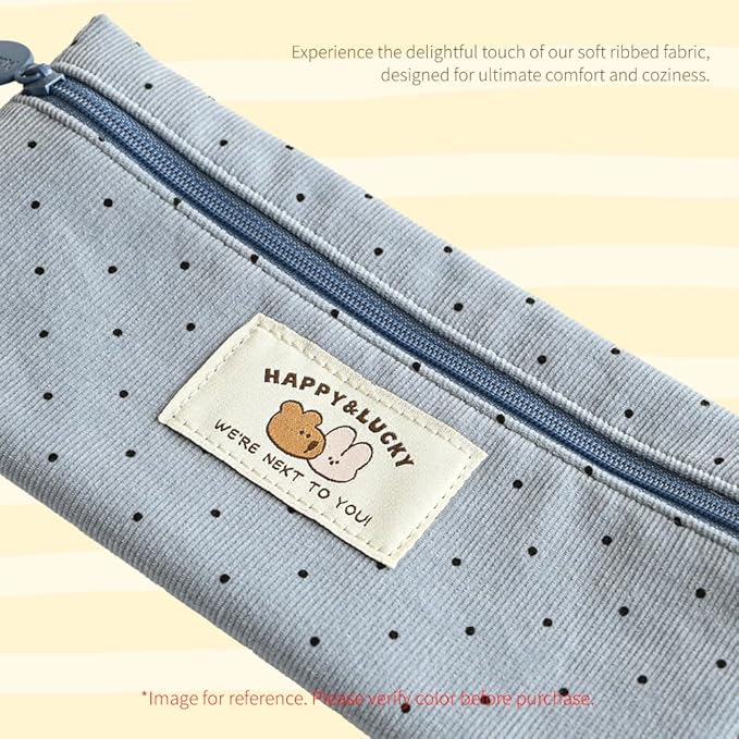 Monolike Happy and Lucky Candy Dot pen case, Blue - Slim Corduroy Style Cotton Pen Pouch, Cute Aesthetic Pastel Stationery Organizer for Office
