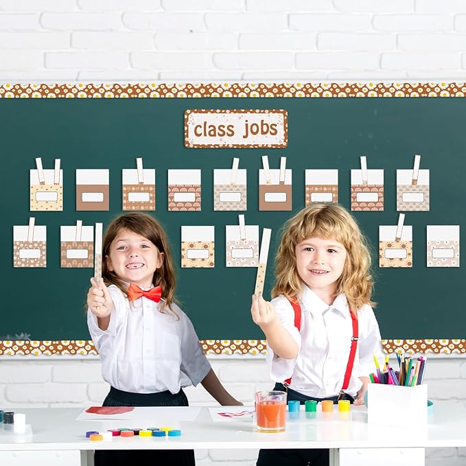 WATINC 97pcs Class Jobs Bulletin Board Set, Classroom Jobs Chart with Name Tags, Back to School Schedule Boards Pocket Chore Behavior Chart for Classroom Chalkboard Walls Decoration (Boho Print)