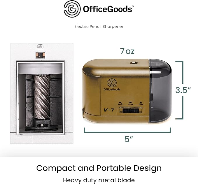 OfficeGoods Electric Pencil Sharpener - Battery or Cord Powered Portable Sharpener - Perfectly Sharpens Colored Pencils, Drafting Pencils for Kids, Adults, Office, School and Home - Gold