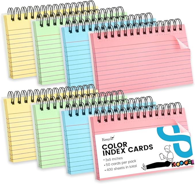 Koogel Spiral Index Cards 3x5 Ruled, Multicolor Spiral Bound FlashCards with Waterproof Cover, Tear-Off Note Cards with Ring for Studying, School & Office, 400 Count (5 Packs of 80)