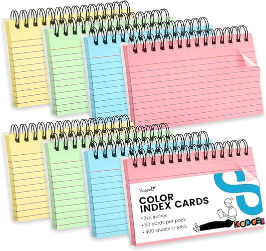 Koogel Spiral Index Cards 3x5 Ruled, Multicolor Spiral Bound FlashCards with Waterproof Cover, Tear-Off Note Cards with Ring for Studying, School & Office, 400 Count (5 Packs of 80)