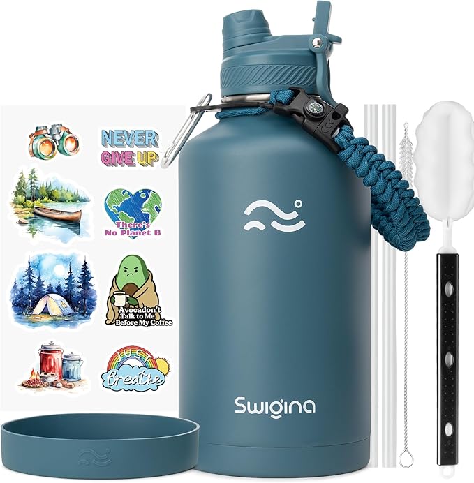 Swigina] 64 oz Insulated Water Bottle with Silicone Boot (48hrs Cold/24hrs Hot) - DIY Stickers, Leakproof, BPA Free, Half Gallon [2-IN-1 LID