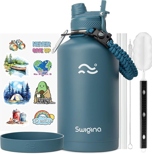 Swigina] 64 oz Insulated Water Bottle with Silicone Boot (48hrs Cold/24hrs Hot) - DIY Stickers, Leakproof, BPA Free, Half Gallon [2-IN-1 LID