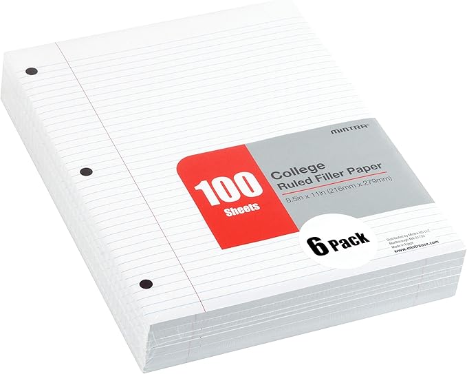 Mintra Office Filler Paper (College Ruled, 2400 Sheets (4-6pks)) - for 3-Ring Binder, Notepaper, Loose leaf lined paper, 3 Hole punched, bulk pack