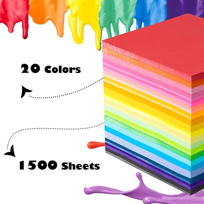 Umikk 1500 Sheets Origami Paper 6x6 Inch Square, 20 Vivid Colors Origami Kit for Kids Ages 8-12, Double Sided Same Color Origami Papers Bulk for School, Arts and Crafts Projects
