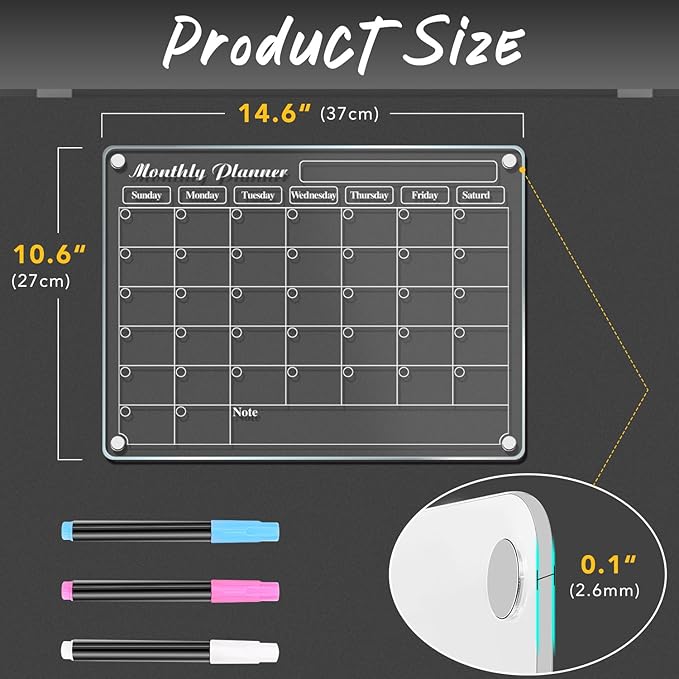 DIYMAG Magnetic Calendar for Refrigerator Dry Erase Wall Planners 15.2"x11.2" Magnet Fridge Monthly White Board Planning Acrylic Clear Chalkboard Apartment Decor Meal Planner with 3 Colors Markers