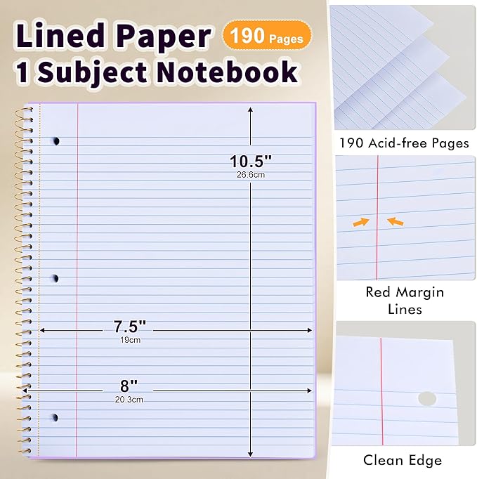 MUAHLIUB Spiral Notebook College Ruled Paper 8" x 10-1/2", 1 Subject Spiral Notebook, 3-Hole Punched Perforated Pages Ideal for School, Office, Writing, 95 Sheets Lined Journaling Notebook, Purple