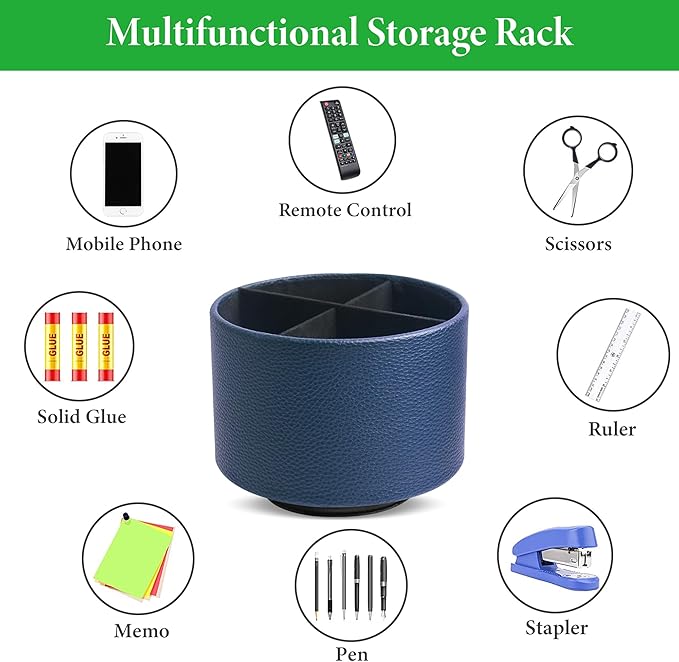 Round Leather Art Supply Organizer,Remote Control Holder,360 Degree Spinning,Multi-Functional Pencil Holder,4 Compartments Desktop Stationary Organizer(1-Lichee Blue)