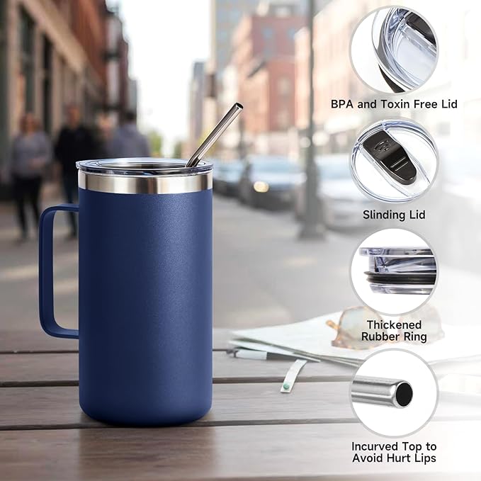 Volhoply 22oz Insulated Stainless Steel Coffee Mug with Leakproof Lid,Double Wall Vacuum Travel Coffee Cup with Handle,Reusable Metal Tumbler,Camping Mugs Keep Hot&Cold(Navy,1)