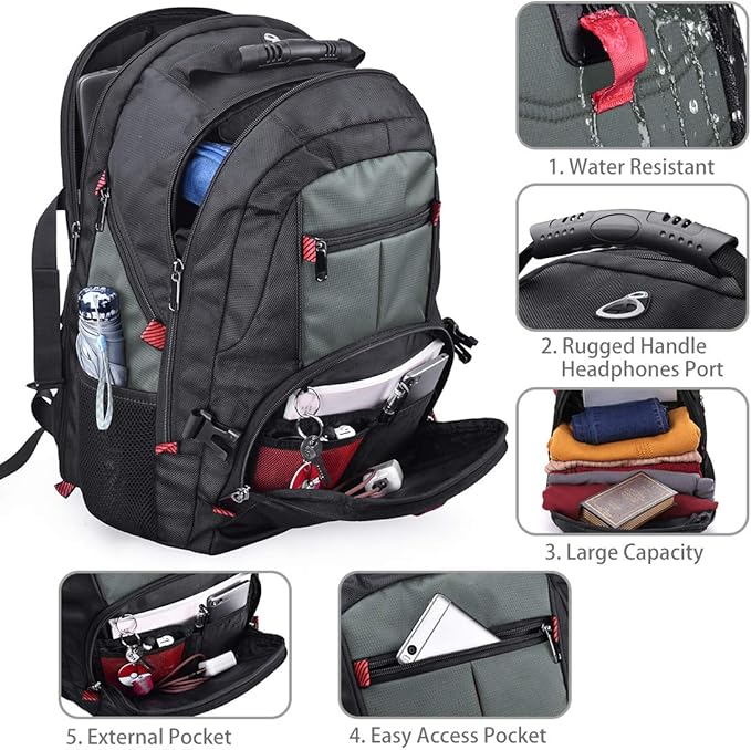 NUBILY Laptop Backpack 17 Inch Waterproof Extra Large TSA Travel Backpack Anti Theft College Business Mens Backpacks with USB Charging Port 17.3 Gaming Computer Backpack for Women Men 45 L Grey