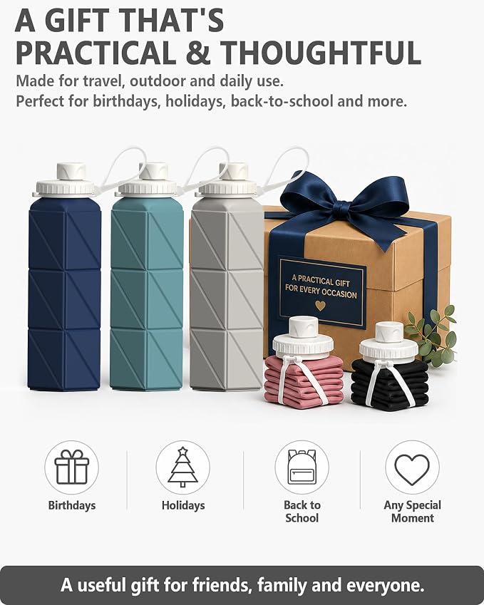 BEAUTAIL Collapsible Water Bottles 21oz/610mL, Silicone Travel Water Bottle | BPA Free, Leakproof & Reusable, Foldable Water Bottle for Traveling, Hiking, Gym, School, Sports, Outdoor, 1-Pack, Starlight