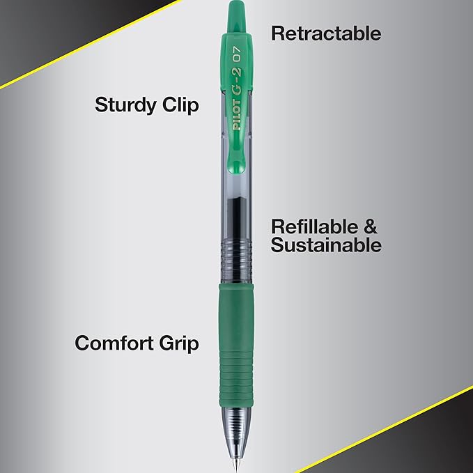 Pilot G2 Premium Gel Roller Pens, Fine Point 0.7 mm, Green Ink, Pack of 12 - Ideal for School, Journaling and Office Writing