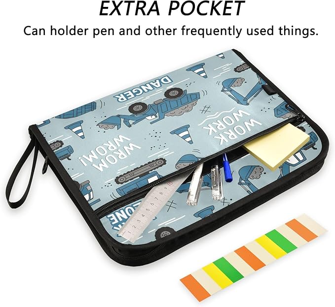Construction Machines Truck 13 Pocket File Organizer Expanding File Folder with Front Pouch Portable Business File Storage Document Organizer Folder with Zipper