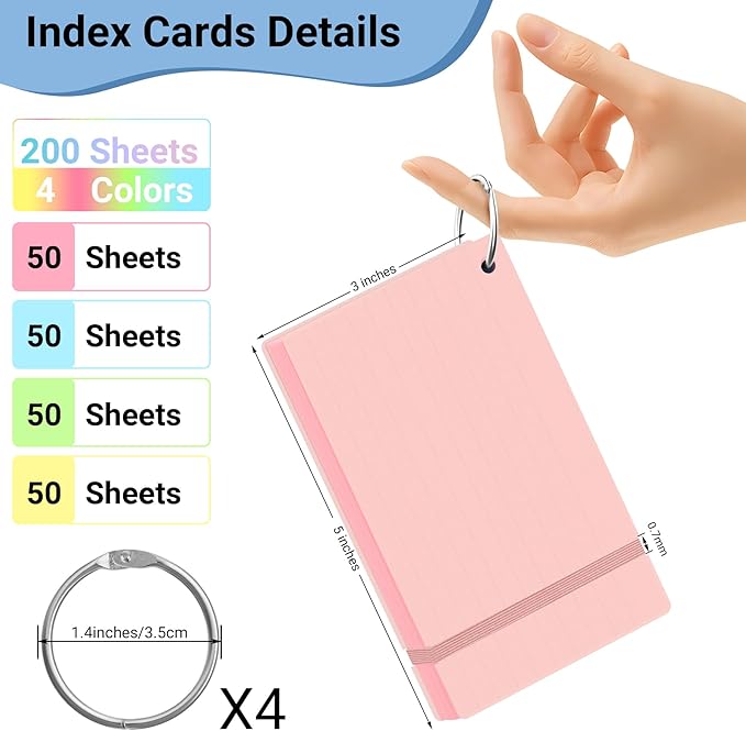 HAUTOCO 200 PCS Colored Index Cards 3x5 with Rings, Ruled Flashcards with Waterproof Covers, 4 Colors Note Cards for Studying, Vocabulary, Recipes, Office & School