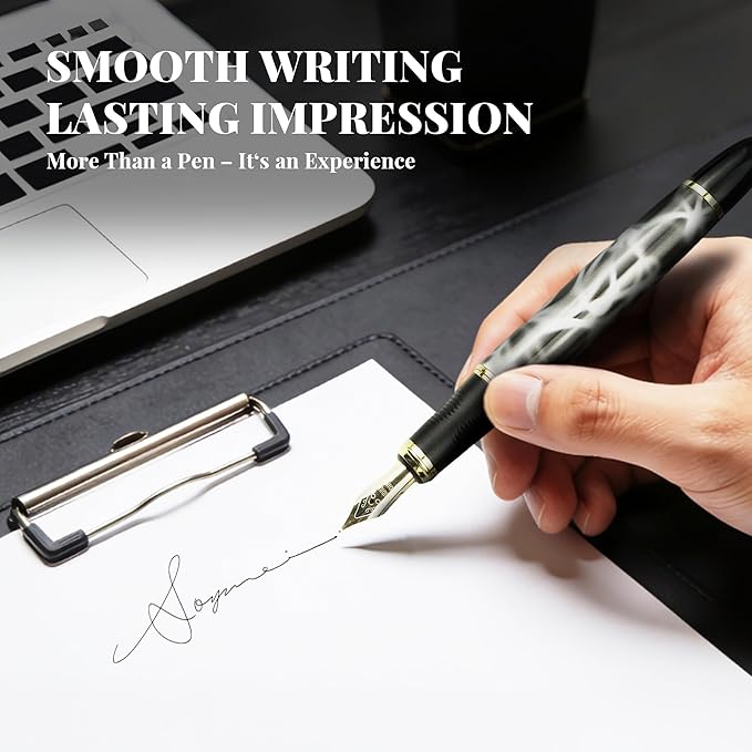 YUNCHUN Marble Fountain Pen for Writing, Refillable Luxury Metal Pens with Ink Pen with 10 Black and 10 Blue Ink Refills, Business Writing Fountain Pen for Men and Women, Marble Blue