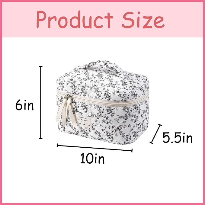 uekeboag Large Travel Quilted Makeup Bag for Women | Soft Floral Cotton Cosmetic Bag, Foldable Coquette Aesthetic Toiletry Organizer