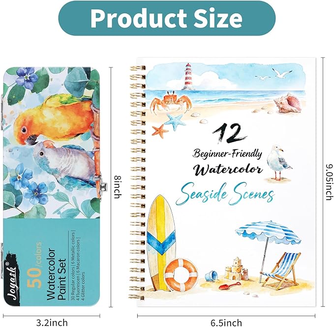 Watercolor Workbook Seaside, Water Coloring Book, 12 Different Patterns of Original DIY Designs, 50 Colors Watercolor Paint Set with Palette and Brush, Beginner-Friendly Watercolor Workbooks (Seaside)